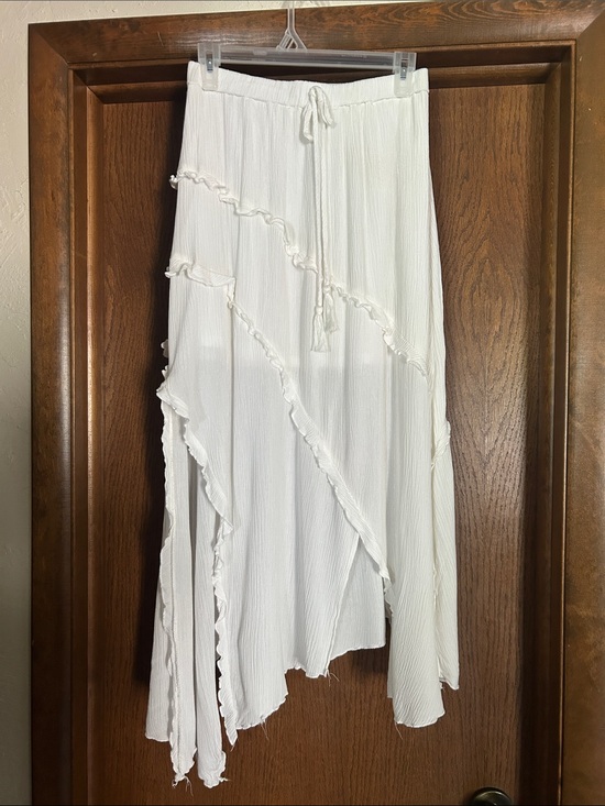 Blue Blossom Dresses & Skirts - Asymmetrical White Ruffle Midi Skirt with Drawstring Waist